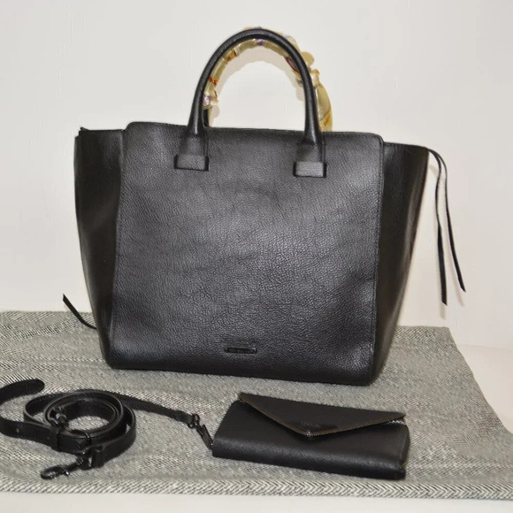 REBECCA MINKOFF COPENHAGEN BLACK/ WHITE PEBBLED LEATHER TOTE - Picture 2 of 16